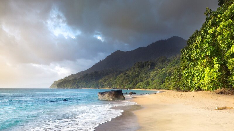 Tropical Beach with Mountains — Blue, Dramatic, Afternoon