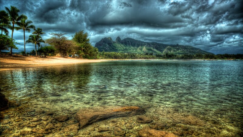 Tropical Beach with Mountains — Blue, Dramatic, Photograph, Palm Trees