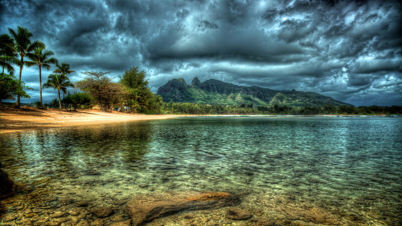 Tropical Beach with Mountains — Blue, Dramatic, Photograph