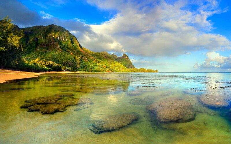 Tropical Beach with Mountains — Blue, Serene, Afternoon, Photograph, Ocean, Sand