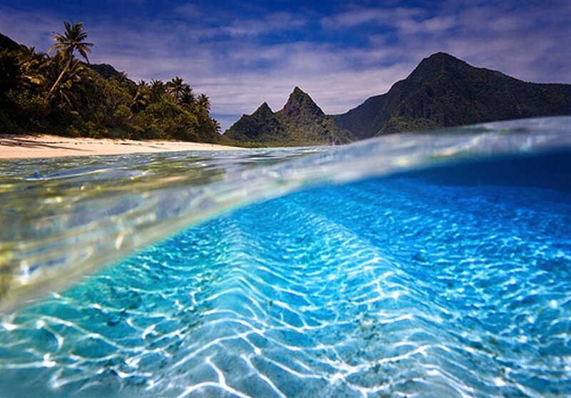 Tropical Beach with Mountains — Blue, Serene