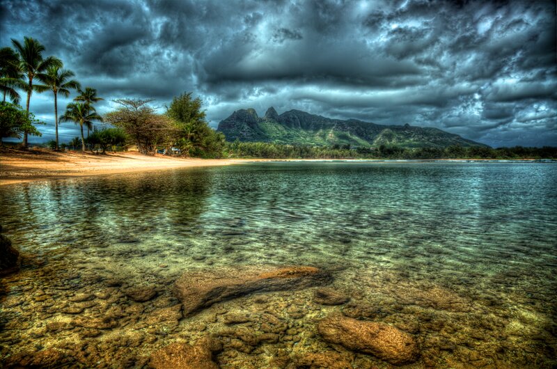 Tropical Beach with Mountains — Blue