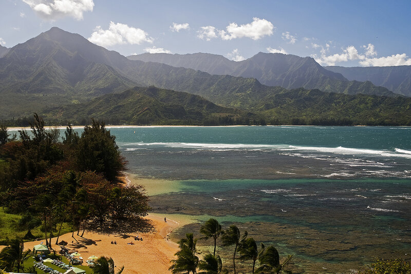 Tropical Beach with Mountains — Green, Serene