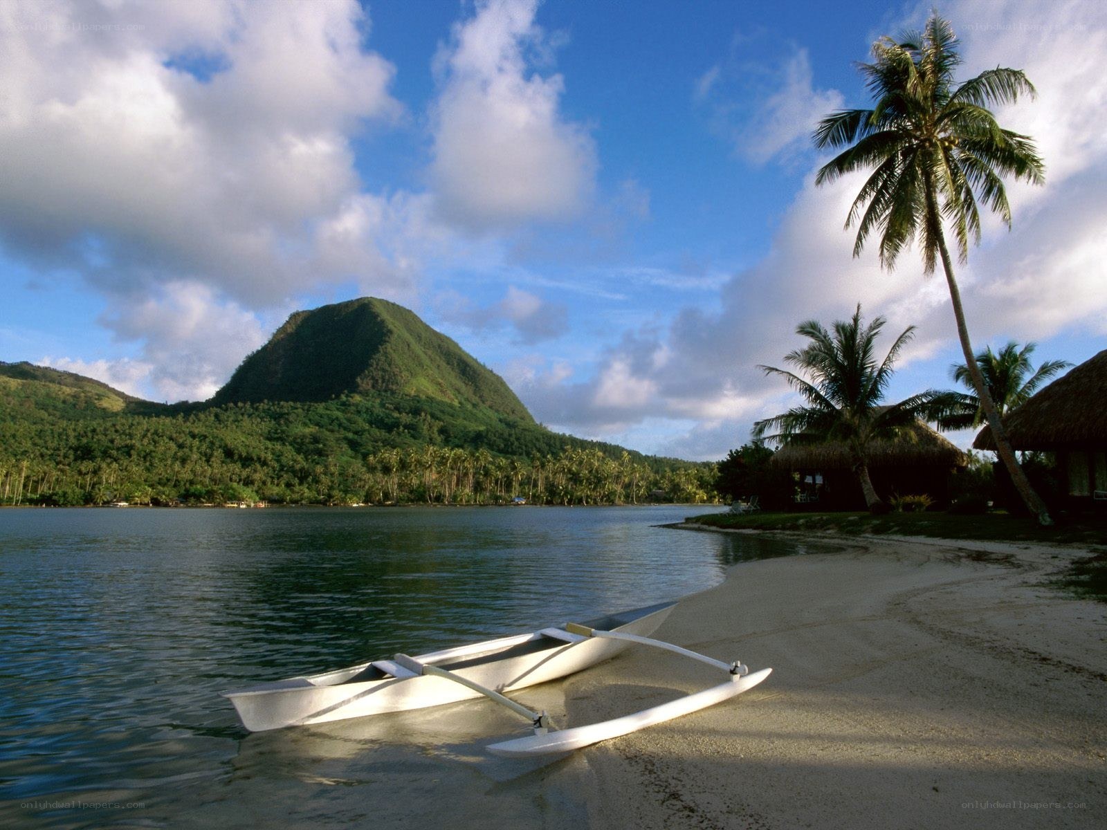 Tropical beach with outrigger canoe