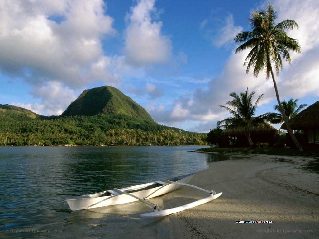 tropical beach with outrigger canoe