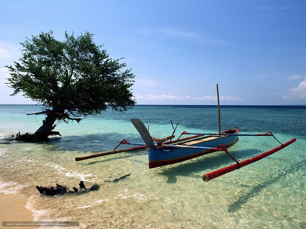 tropical beach with outrigger canoe