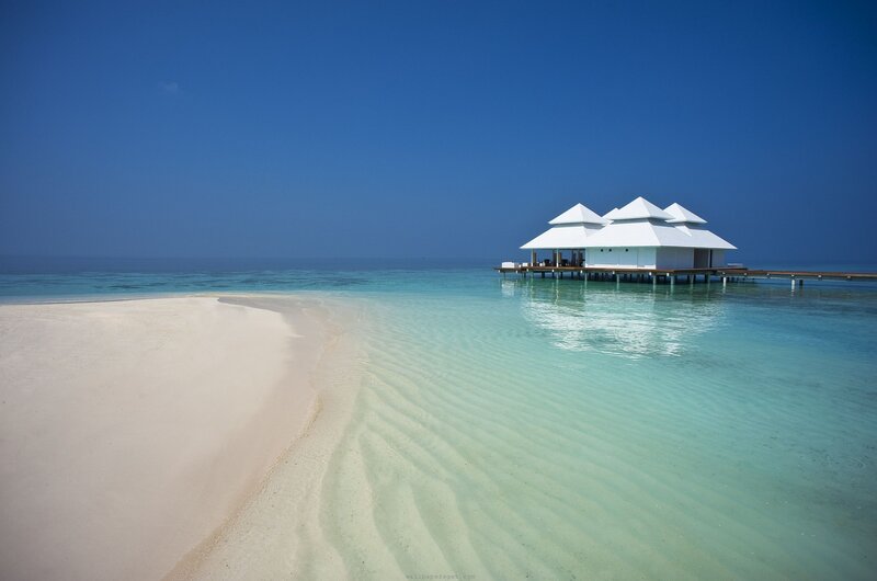 tropical beach with overwater bungalow