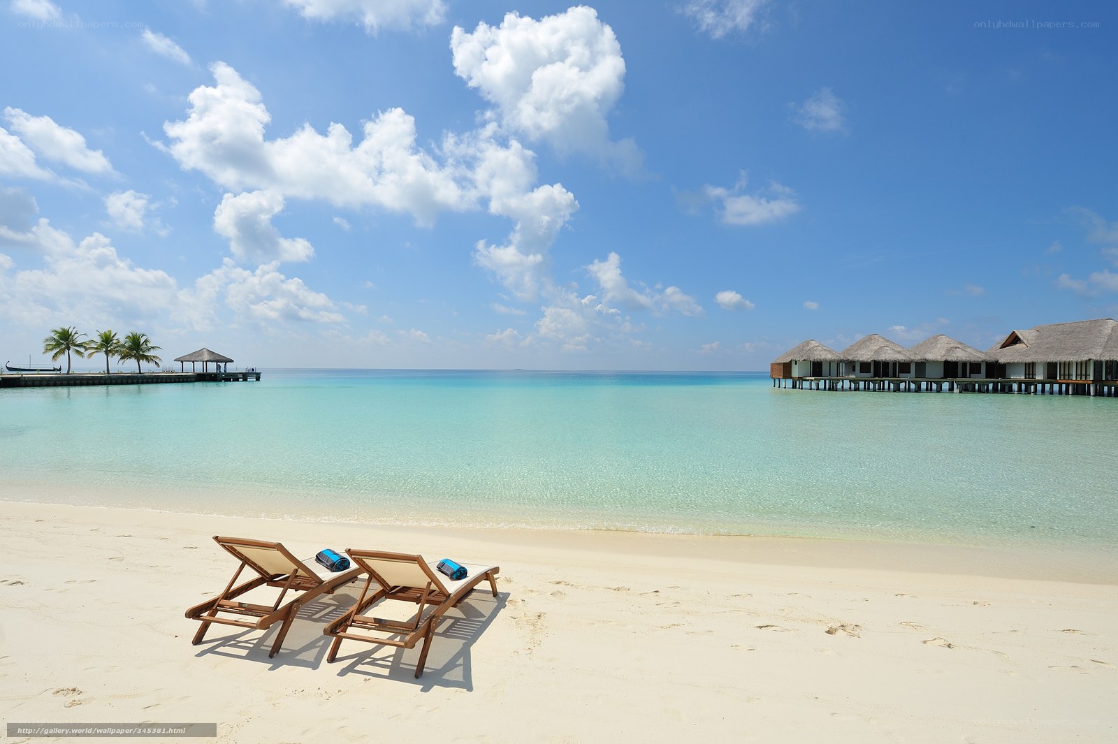 Tropical beach with overwater bungalows