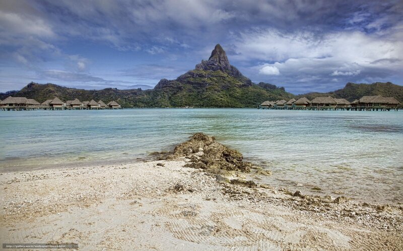 Tropical beach with overwater bungalows