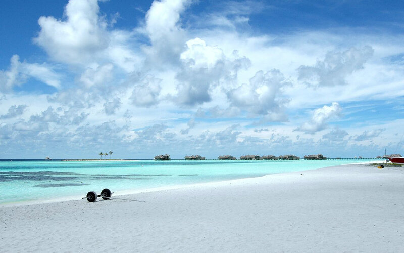 tropical beach with overwater bungalows