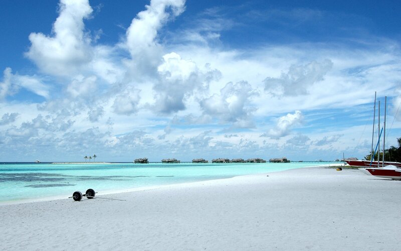 tropical beach with overwater bungalows