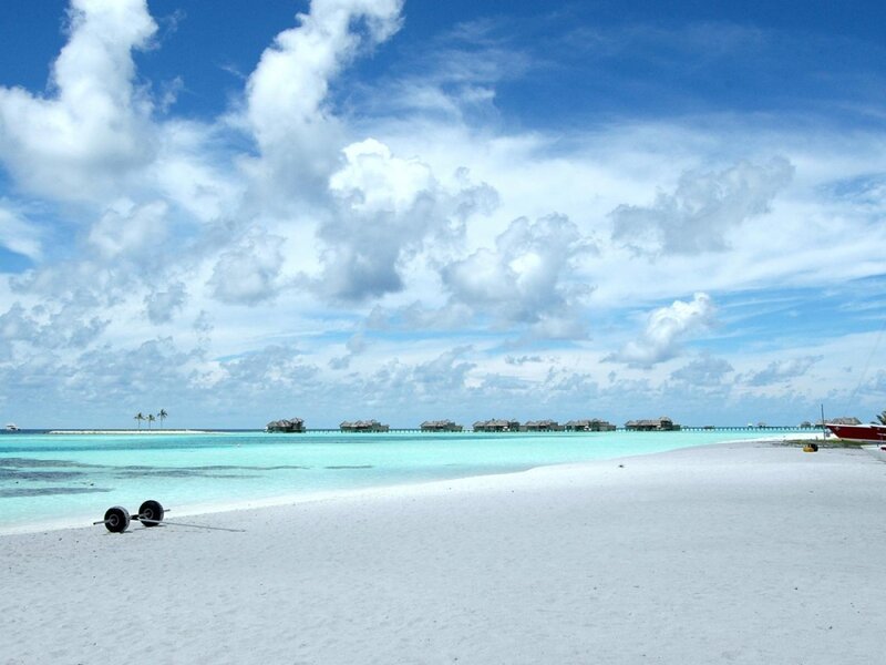 tropical beach with overwater bungalows