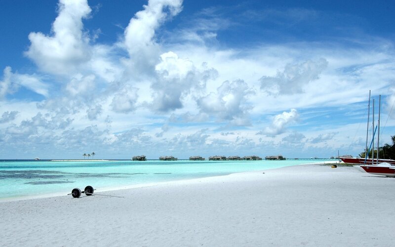 tropical beach with overwater bungalows