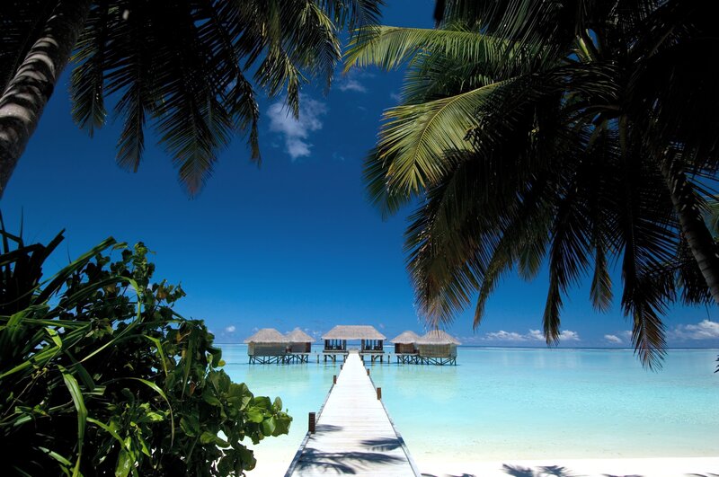 Tropical beach with overwater bungalows