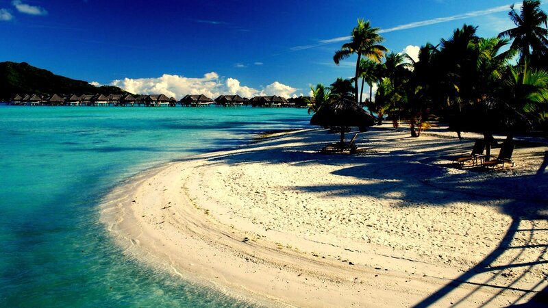 tropical beach with overwater bungalows