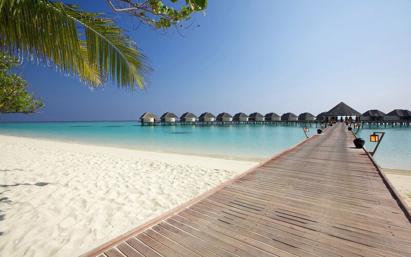 tropical beach with overwater bungalows