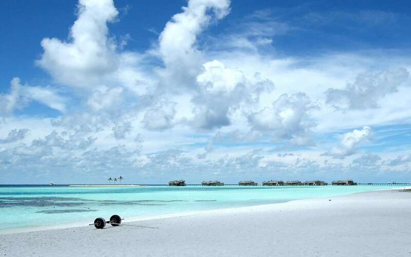 tropical beach with overwater bungalows