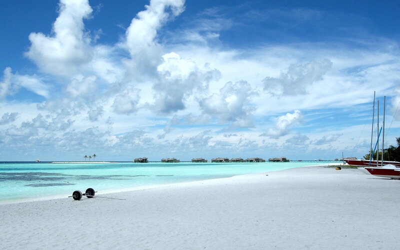 tropical beach with overwater bungalows