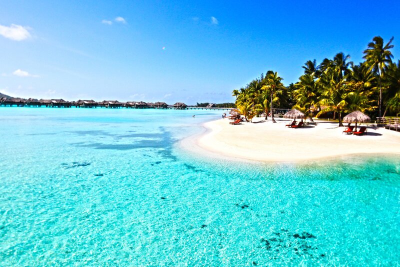 Tropical Beach with Overwater Bungalows — Blue, Serene