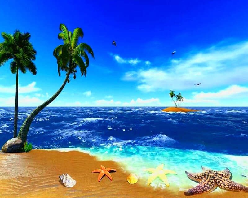Tropical Beach with Palm Trees — Blue, Serene, Afternoon, Digital Art, Starfish