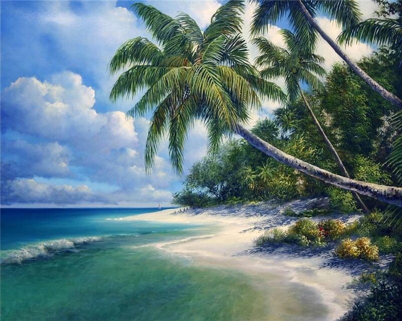 Tropical Beach with Palm Trees — Blue, Serene, Afternoon, Painting, Palm Trees, Ocean
