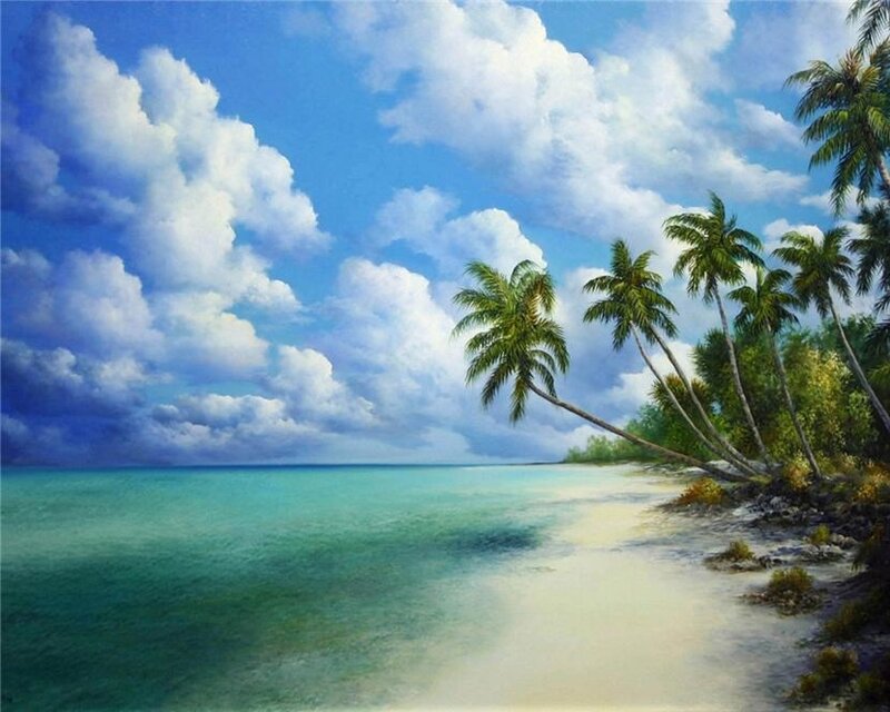 Tropical Beach with Palm Trees — Blue, Serene, Afternoon, Painting, Palm Trees