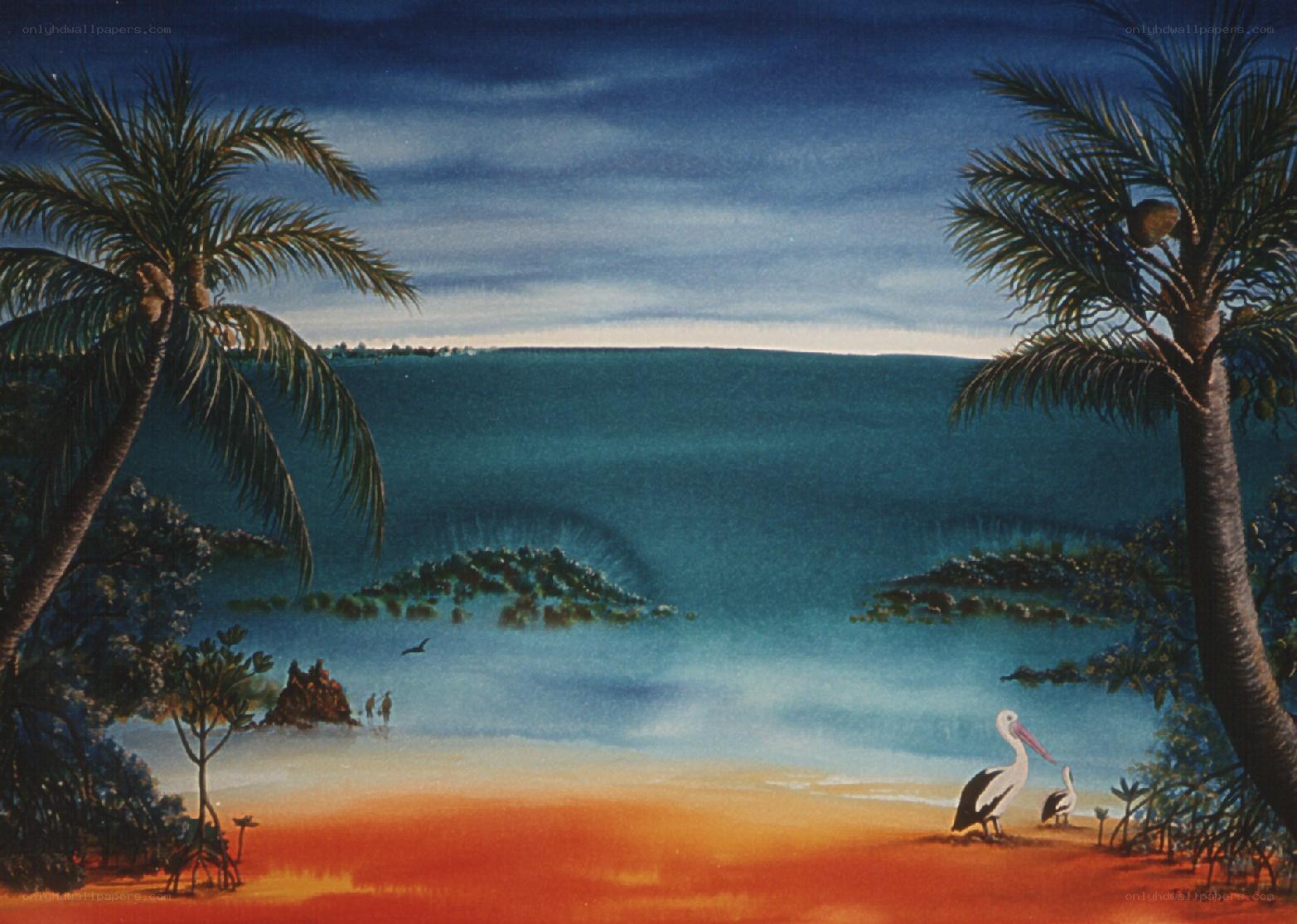 Tropical beach with pelicans