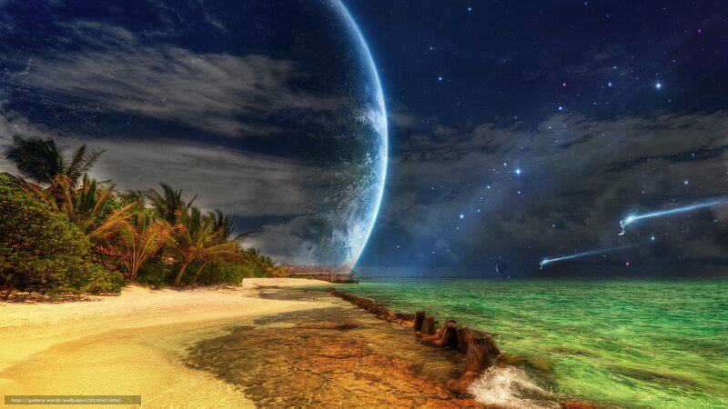 Tropical Beach with Planet — Blue, Dramatic, Night, Digital Art