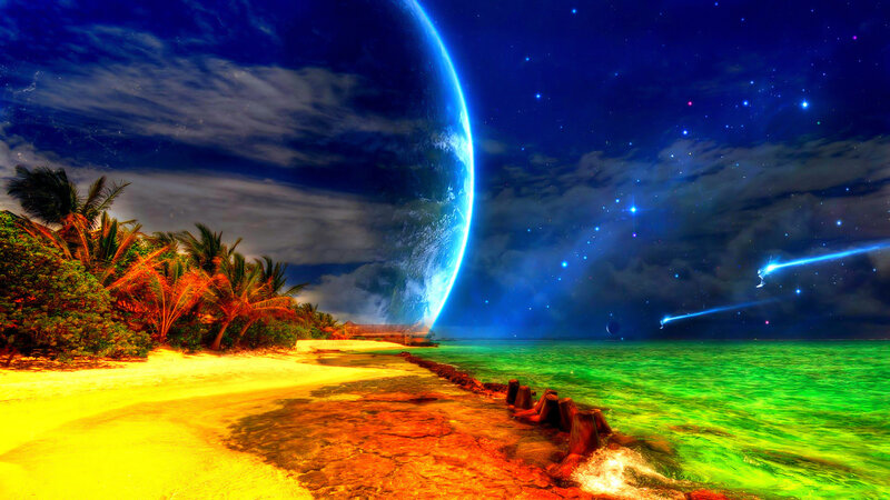 Tropical Beach with Planet — Blue, Dramatic, Night