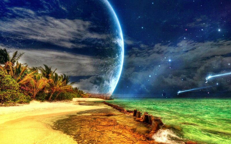 Tropical Beach with Planet — Blue, Dramatic