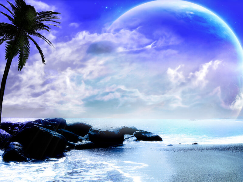 Tropical Beach with Planet — Blue, Serene