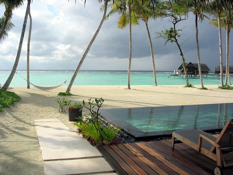 Tropical beach with pool and hammock