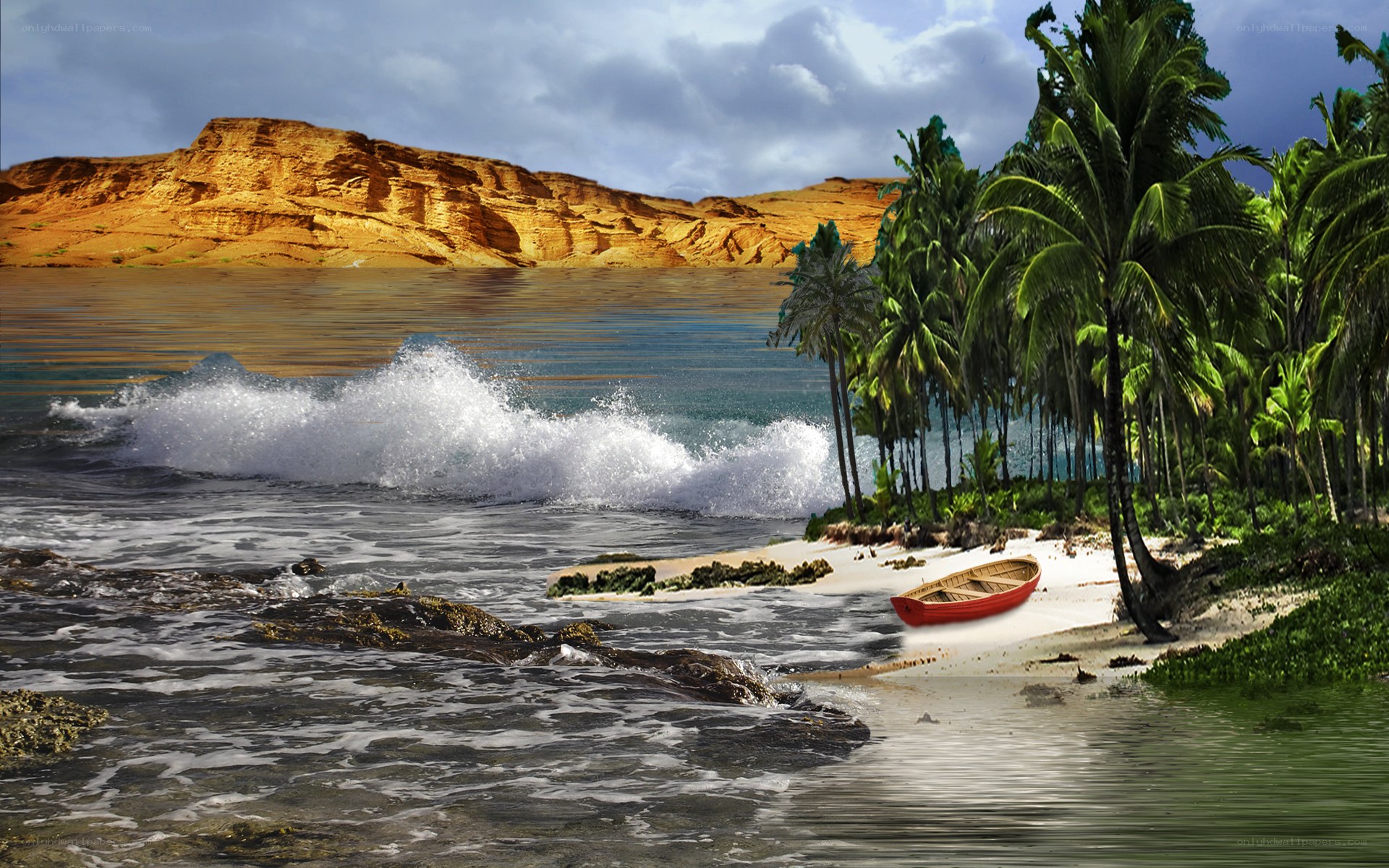 tropical beach with red boat