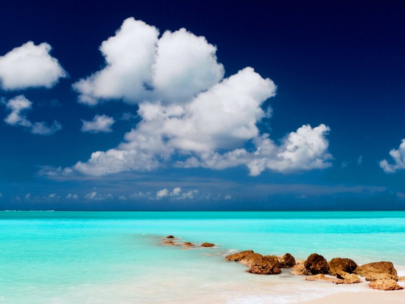 Tropical Beach with Rocks — Blue, Serene, Afternoon, Photograph, Clouds, Ocean, Sand