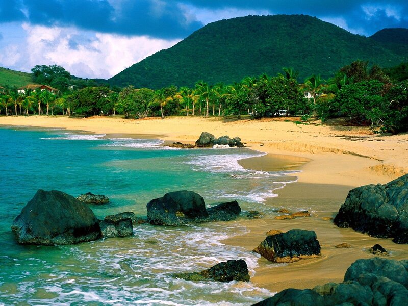 Tropical Beach with Rocks — Blue, Serene, Afternoon, Photograph, Mountain, Palm Trees
