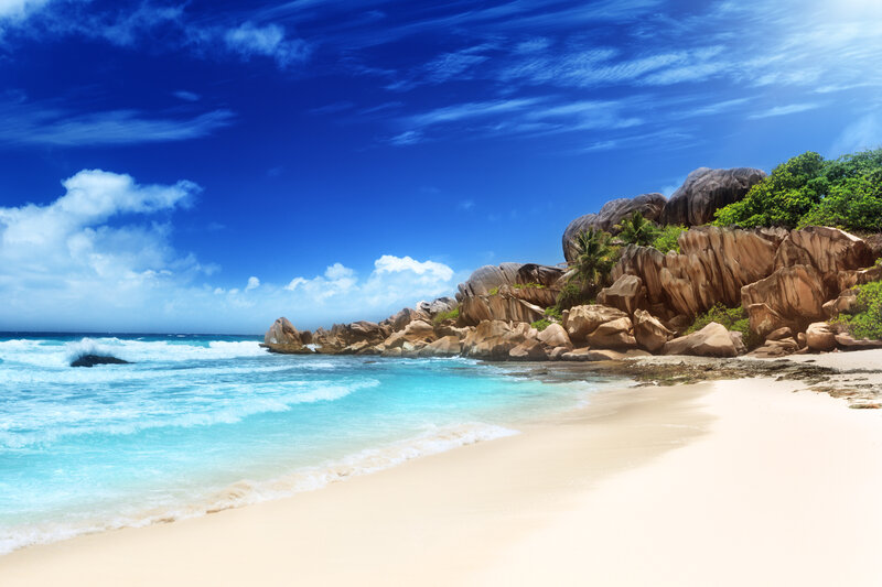 Tropical Beach with Rocks — Blue, Serene, Afternoon, Photograph, Ocean, Sand