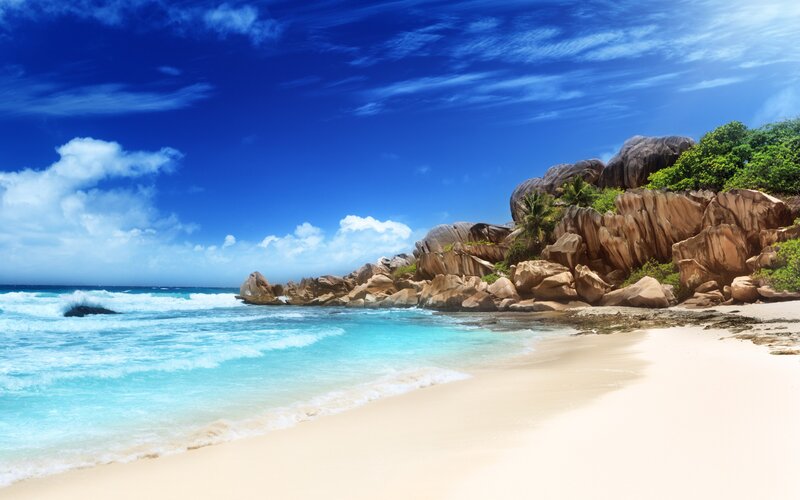 Tropical Beach with Rocks — Blue, Serene, Afternoon, Photograph, Ocean, Sand, Trees