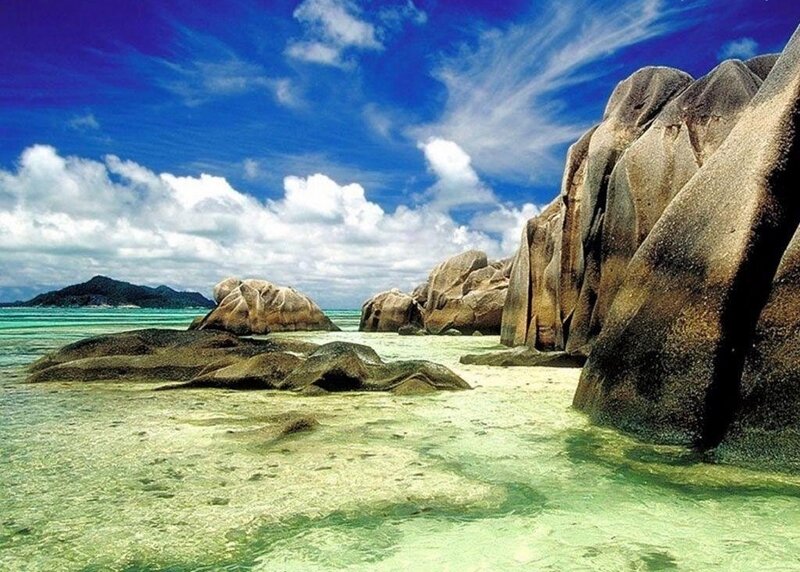 Tropical Beach with Rocks — Blue, Serene, Afternoon, Photograph, Ocean, Sky