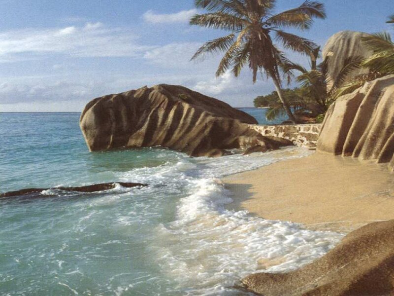 Tropical Beach with Rocks — Blue, Serene, Afternoon, Photograph, Palm Tree, Ocean, Sand, Boulder