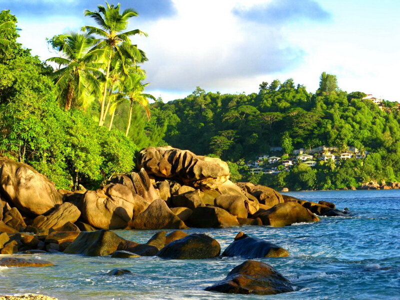 Tropical Beach with Rocks — Blue, Serene, Afternoon, Photograph, Palm Trees, Ocean, Hills