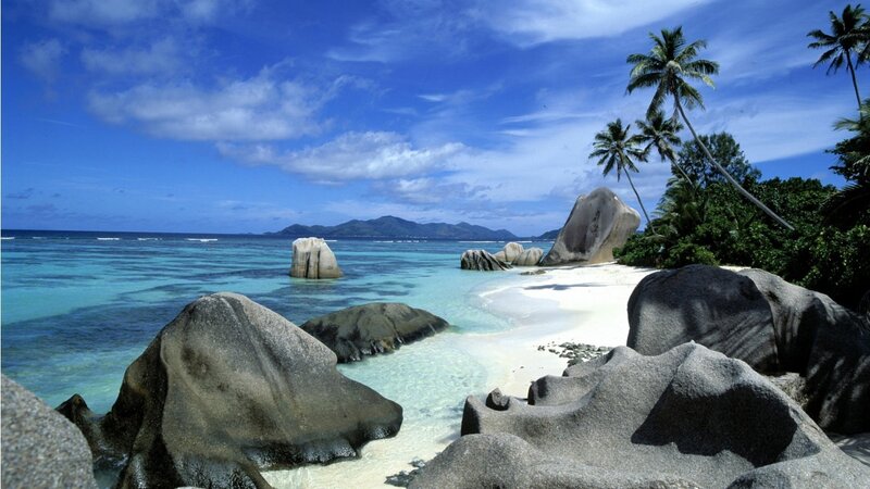 Tropical Beach with Rocks — Blue, Serene, Afternoon, Photograph, Palm Trees
