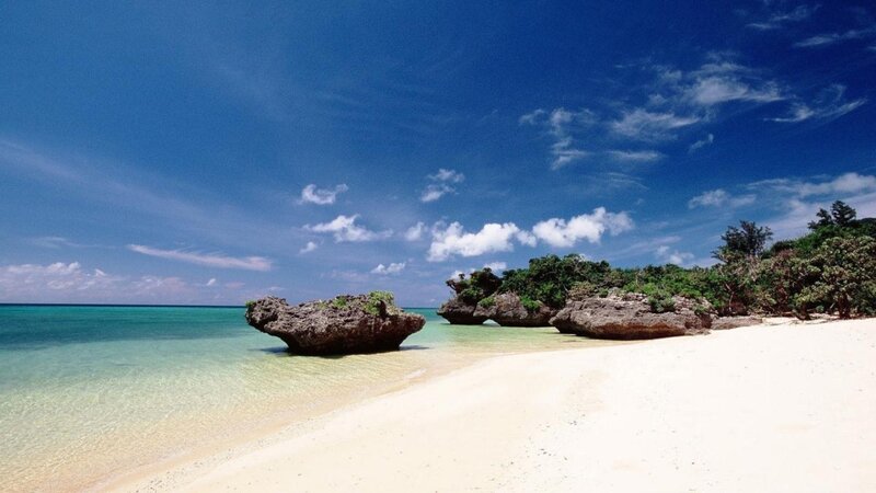 Tropical Beach with Rocks — Blue, Serene, Afternoon, Photograph, Sand, Ocean
