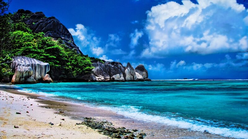 Tropical Beach with Rocks — Blue, Serene, Afternoon, Photograph, Trees, Ocean, Sky