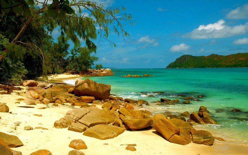 Tropical Beach with Rocks — Blue, Serene, Afternoon, Photograph, Trees, Sand