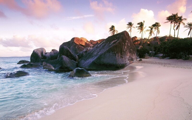 Tropical Beach with Rocks — Blue, Serene, Sunset, Photograph, Palm Trees, Ocean, Sand, White