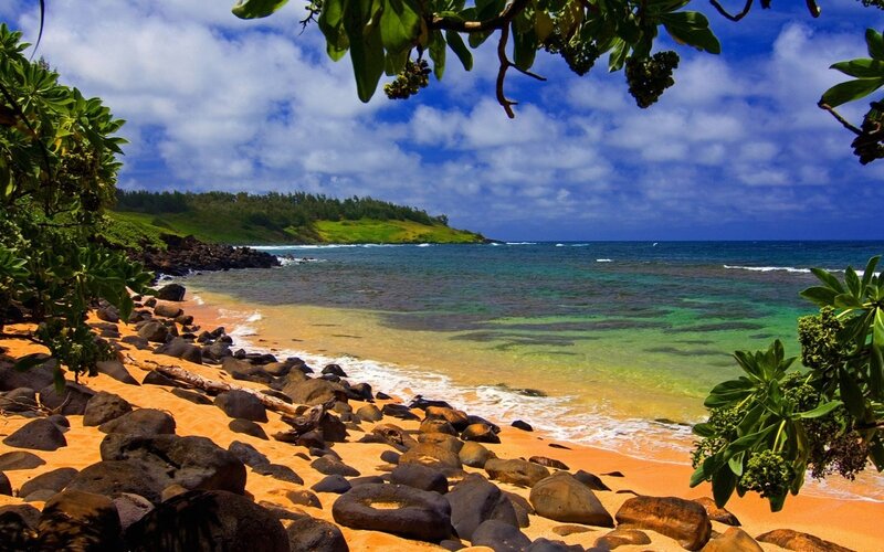 Tropical Beach with Rocks — Blue