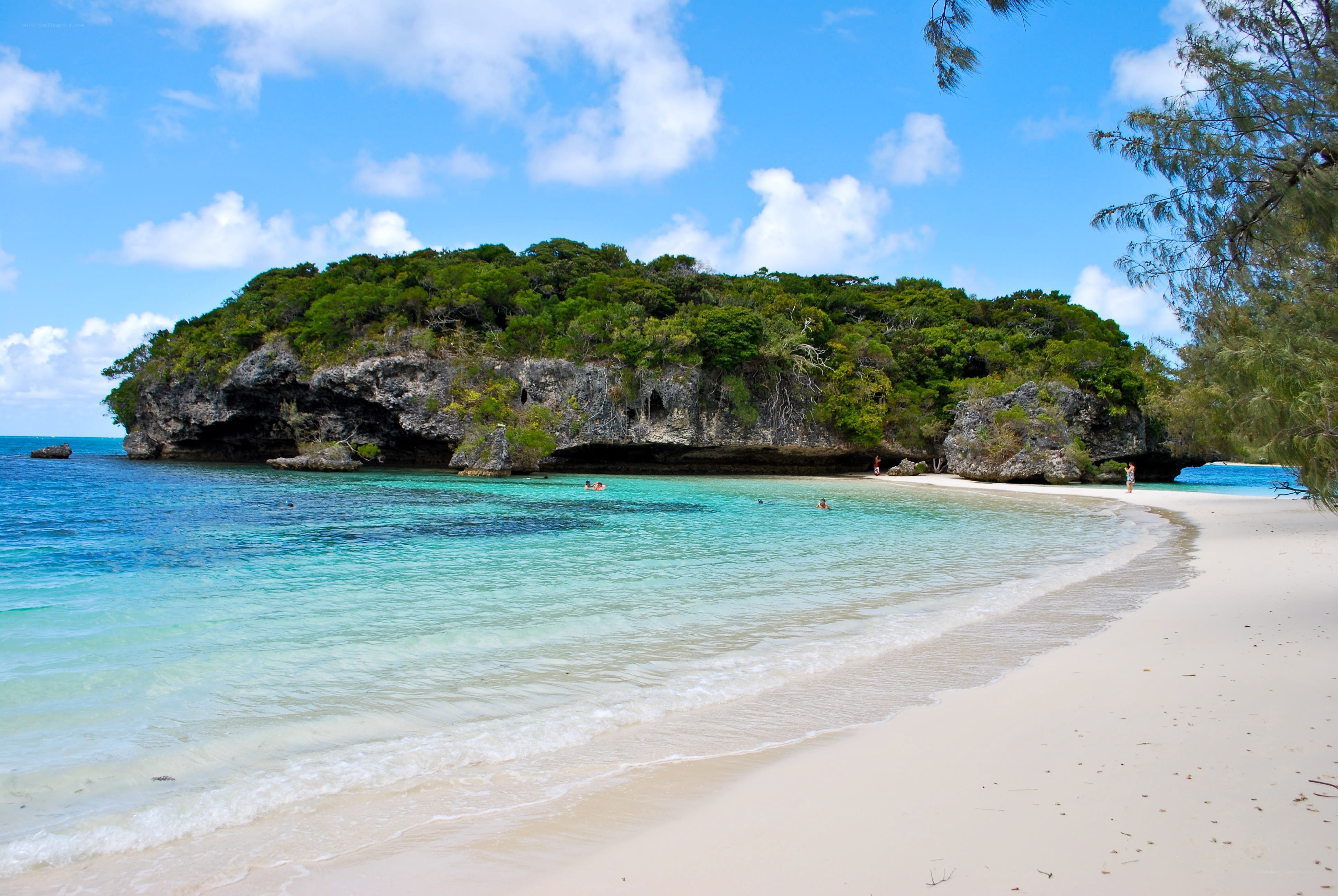 tropical beach with rocky island
