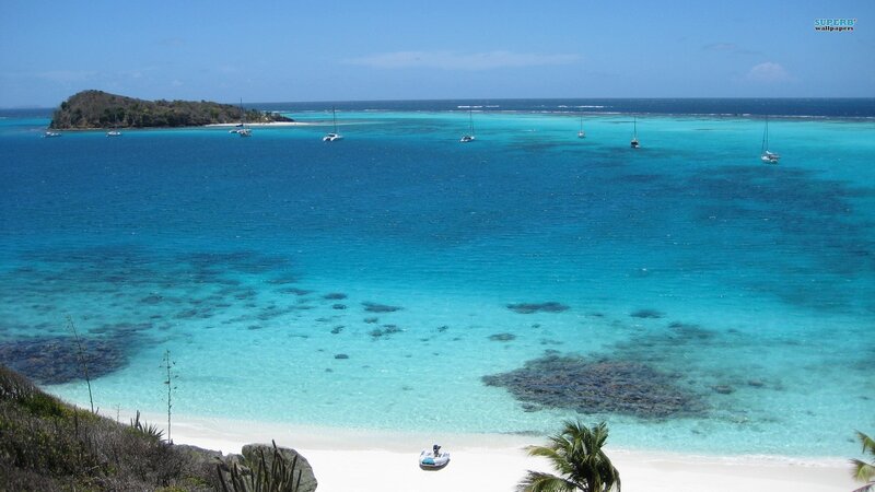 Tropical Beach with Sailboats — Blue, Serene