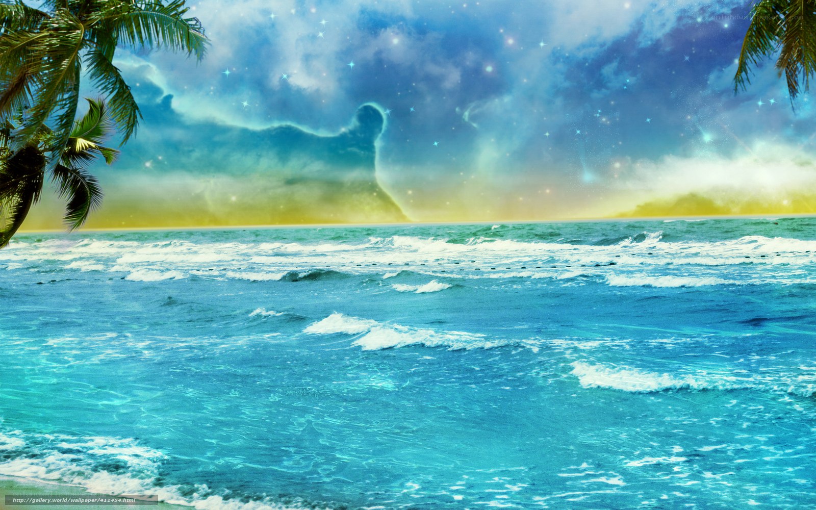 tropical beach with starry sky
