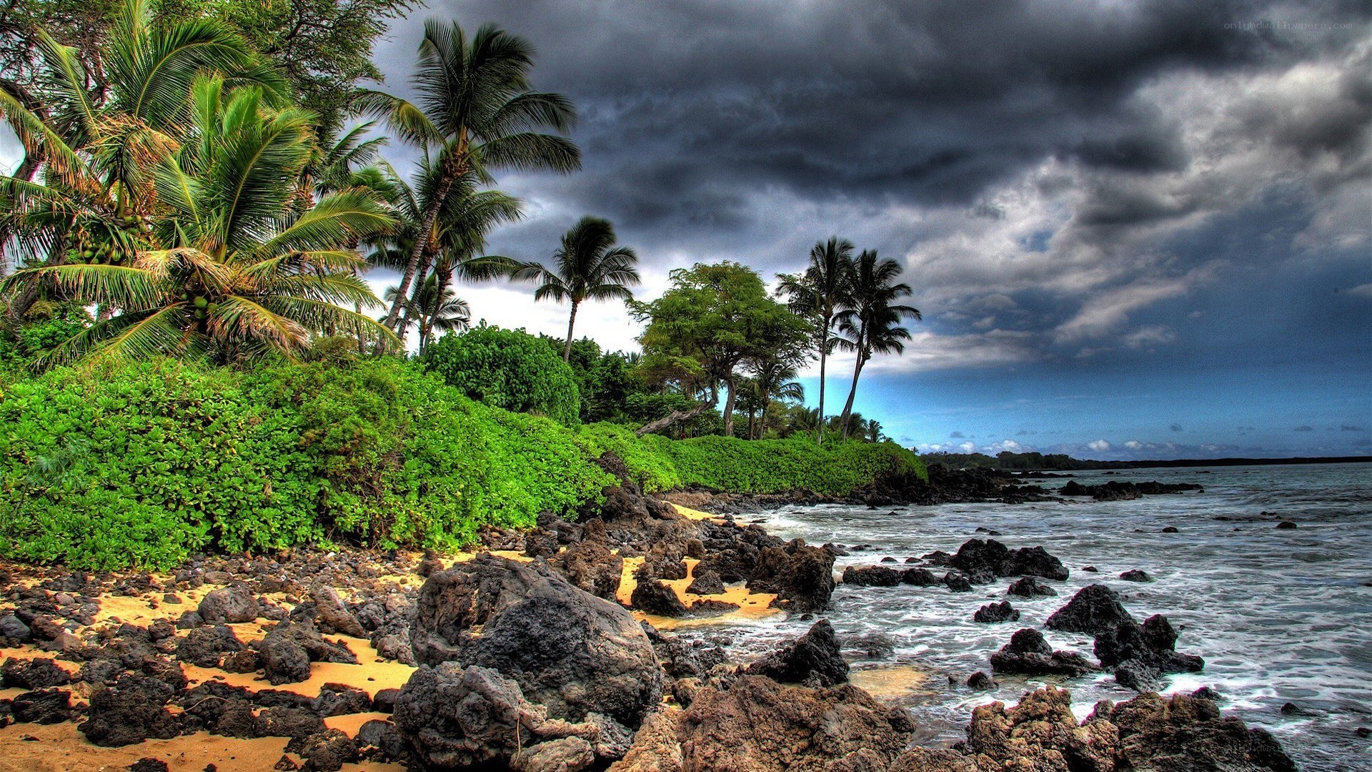 tropical beach with storm clouds